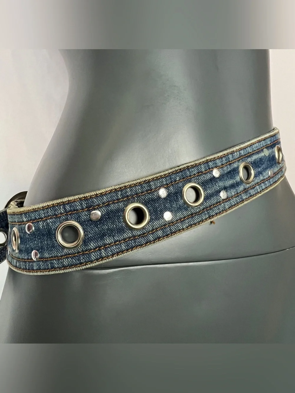 Vintage Y2K Blue Denim Fabric Grommet Belt